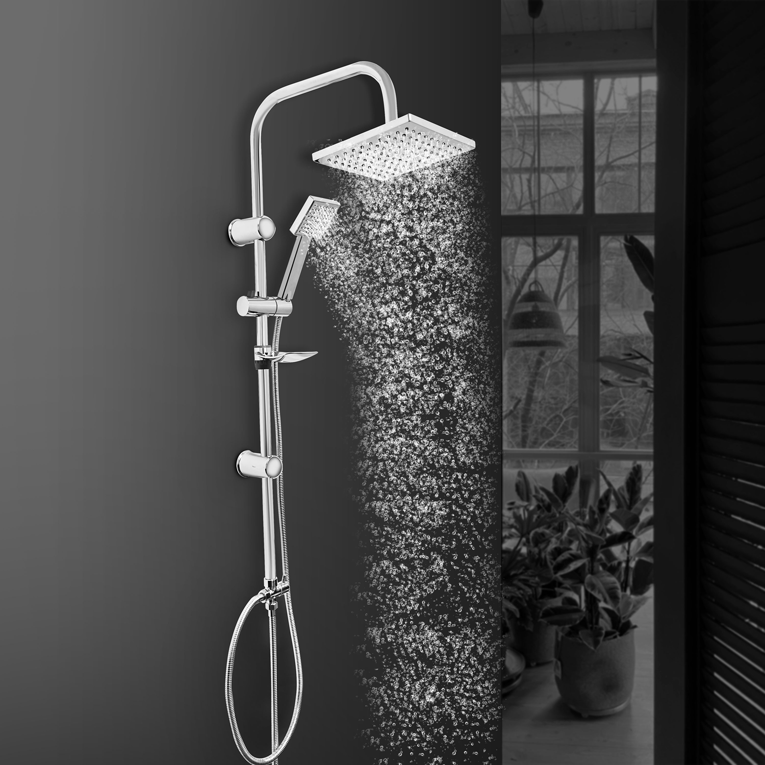 FRIZONE 9001 Dual Shower Kit - Rain Overhead & Handheld Chrome Shower Head, Adjustable Rod with Flexible Hose for Modern Bathrooms