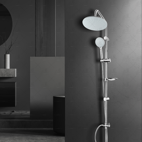B BAGNO 85-7C Round Shower Kit - Chrome Overhead Rain & Multi-Function Handheld Shower with Adjustable Rod
