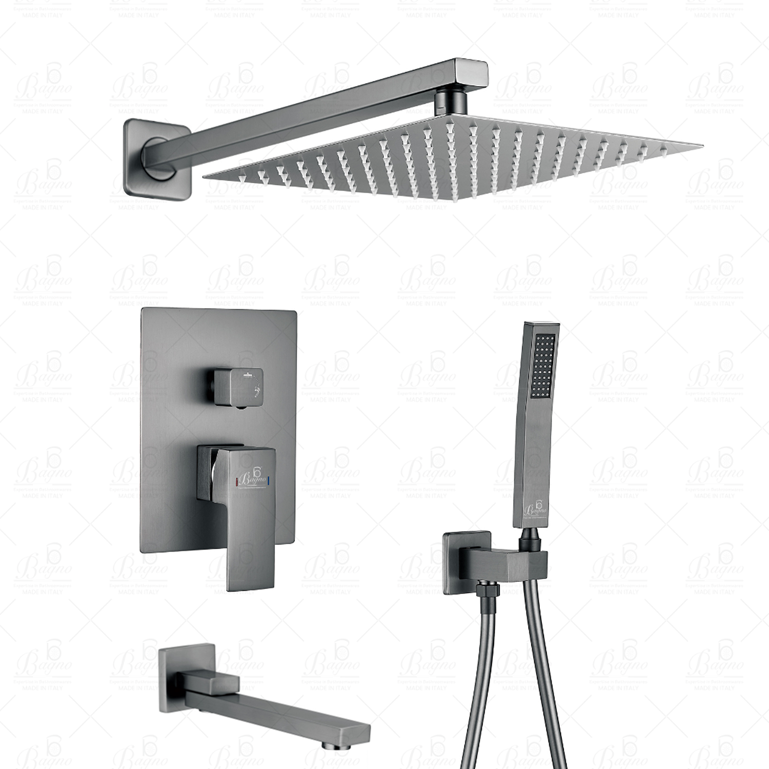 B BAGNO 9063-1 Concealed Shower System - Gray Square Overhead Rain & Handheld Shower with Bath Spout